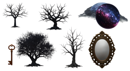 A collection of artistic elements featuring various stylized trees, a cosmic sphere, a vintage key, and an ornate mirror