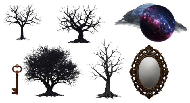 A collection of artistic elements featuring various stylized trees, a cosmic sphere, a vintage key, and an ornate mirror