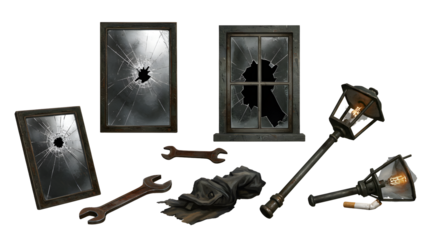 A collection of broken frames and windows, alongside tools and lamps, set against a transparent background for creative use