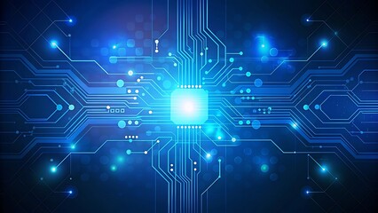Abstract digital circuit board on technology blue background. Circuit connected lines and dots on abstract motherboard. Navy gradient tech bg. AI innovation concept. Futuristic illustration. 