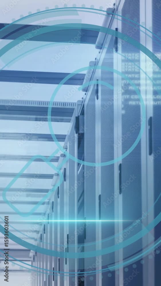 Poster animation of magnifying glass icon and digital data processing over computer servers