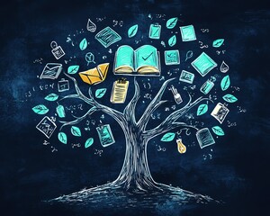 Knowledge tree with handdrawn school doodle icons
