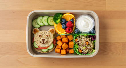 Colorful and Healthy Kids' Lunchbox with Bear Sandwich, Fruits, Vegetables, and Quinoa Salad, Perfect for a Nutritious Meal