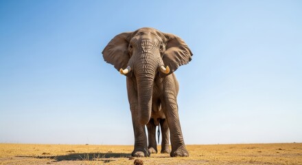 Fototapeta premium Majestic African elephant standing in a vast, dry savanna under a clear blue sky.