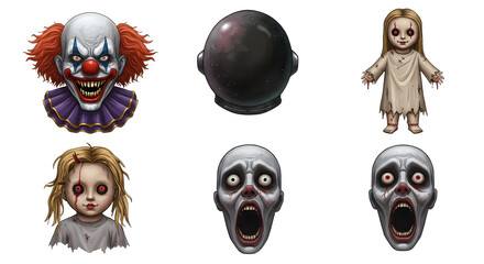 A collection of eerie Halloween-themed characters including a clown, dolls, and ghostly faces set against a dark backdrop