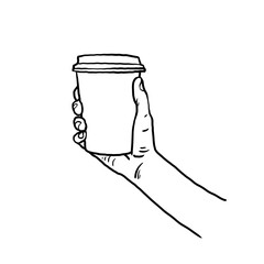 Hand holds coffee paper cup on isolated white background illustration