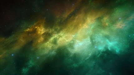 Fototapeta premium Stunning view of a colorful nebula in deep space, with swirling clouds of green, blue, and yellow cosmic gas, dotted with twinkling stars, creating a mysterious, otherworldly, and visually captivating