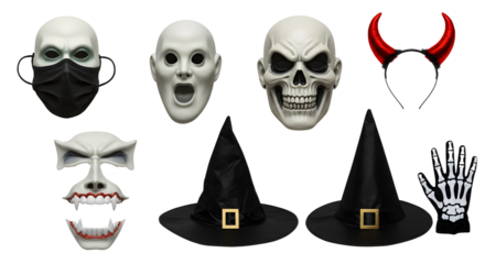A collection of Halloween masks and accessories including skulls, witches' hats, and devil horns on a black background