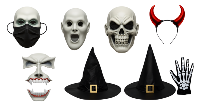 A collection of Halloween masks and accessories including skulls, witches' hats, and devil horns on a black background