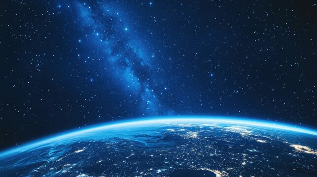 Awe - inspiring view of planet Earth from space, with its curved horizon and twinkling city lights, set against a backdrop of a deep blue, star - filled sky adorned with the Milky Way, creating a cosm