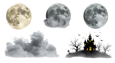 A collection of moon phases with clouds and a haunted house silhouette, creating a spooky night atmosphere
