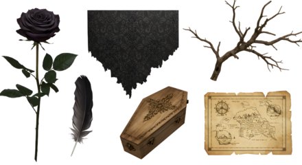 A collection of mystical items including a black rose, vintage map, feather, wooden coffin, and decorative cloth, set against a dark background