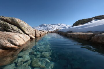Serene alpine scenery featuring crystal clear water in a rocky stream with snow capped mountains under a blue sky.