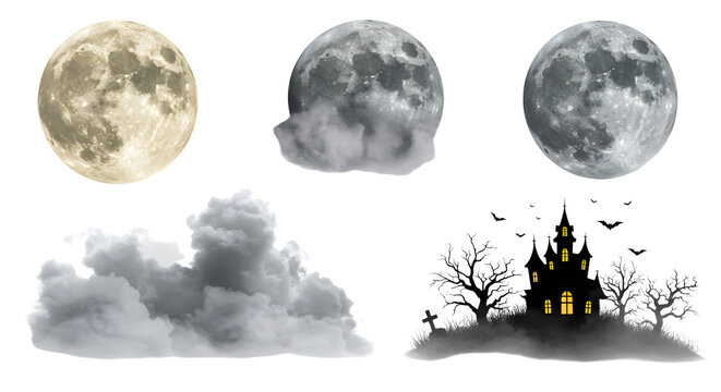 A collection of moon phases with clouds and a haunted house silhouette, creating a spooky night atmosphere