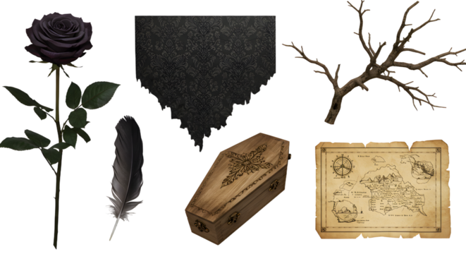 A collection of mystical items including a black rose, vintage map, feather, wooden coffin, and decorative cloth, set against a dark background