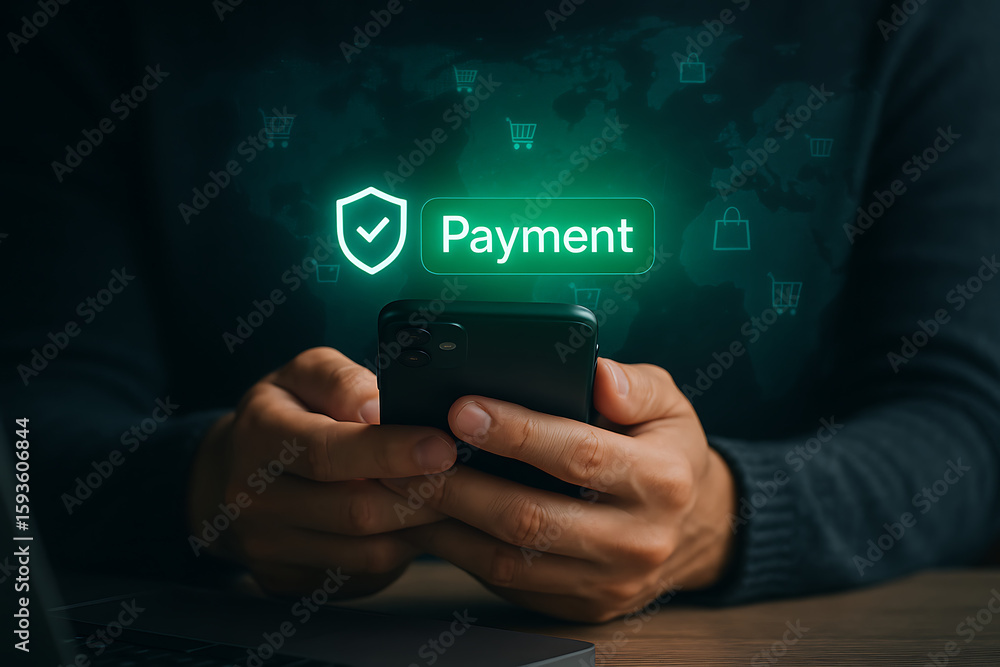 Poster secure mobile payment with digital verification and financial transaction using smartphone for shopp