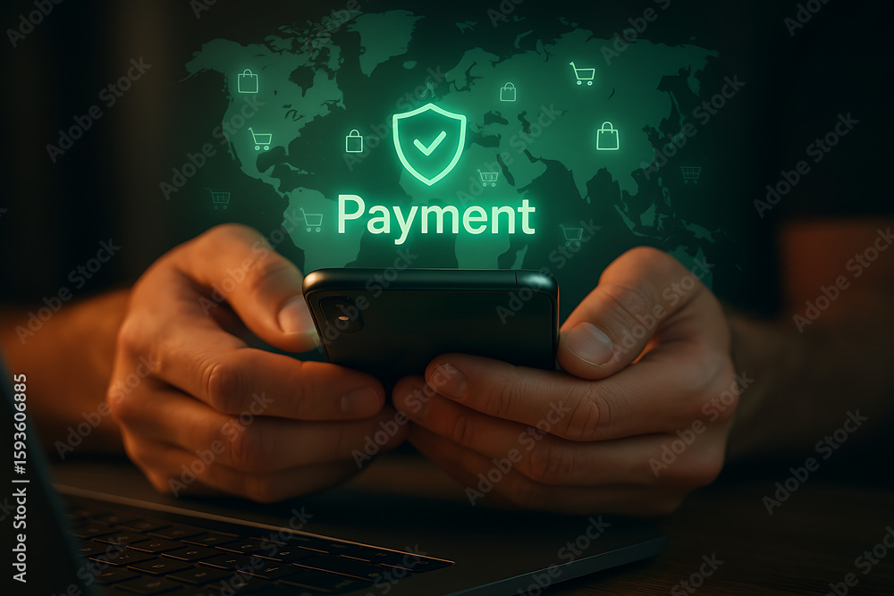 Poster digital mobile transaction interface showing secure payment verification over smartphone for online 
