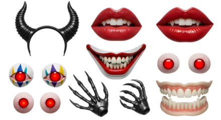 A collection of spooky Halloween-themed props featuring exaggerated lips, sinister eyes, and eerie accessories for festive decoration