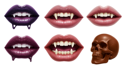 A collection of stylized vampire lips showcasing various colors and fangs, with a skull accentuating the gothic theme