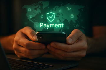 Digital mobile transaction interface showing secure payment verification over smartphone for online shopping with global ecommerce protection and encrypted checkout financial process