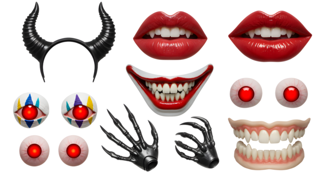 A collection of spooky Halloween-themed props featuring exaggerated lips, sinister eyes, and eerie accessories for festive decoration