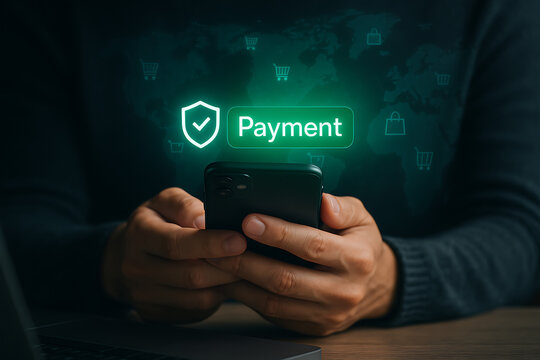 Secure mobile payment with digital verification and financial transaction using smartphone for shopping online safety with encrypted checkout technology and global purchase confirmation - Powered by Adobe