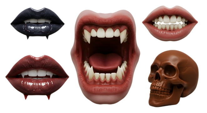 A collection of stylized mouth and lip models showcasing various expressions, with a skull accentuating the theme of anatomy