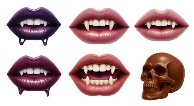 A collection of stylized vampire lips showcasing various colors and fangs, with a skull accentuating the gothic theme - Powered by Adobe