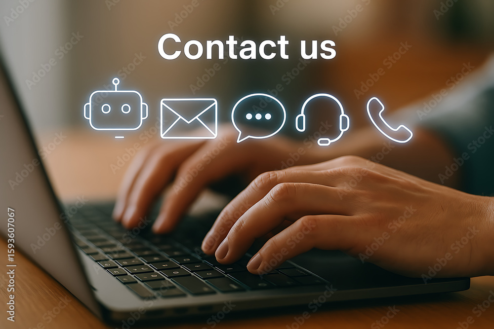 Aufkleber digital contact us support interface with chatbot email headset and phone options for business commu