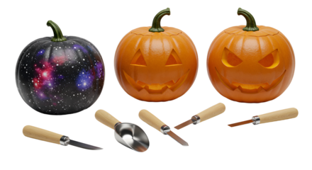 A creative display of a galaxy-themed pumpkin alongside two carved Halloween pumpkins, with carving tools arranged artistically