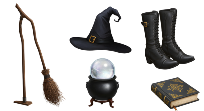 A collection of witchcraft items including a broom, hat, boots, crystal ball, cauldron, and spellbook, set against a neutral background