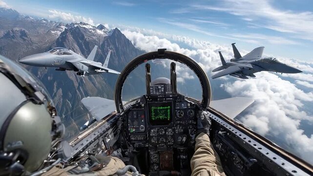Soaring Through the Sky: A thrilling perspective from inside a fighter jet cockpit, capturing the adrenaline rush as the aircraft cuts through the clouds, accompanied by its wingmen.