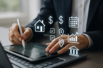 Real estate financial analytics with digital interface for property investment planning market research loan approval and mortgage banking using tablet device in business environment