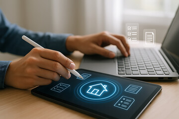 Tablet interface for housing data analysis and digital mortgage application process with smart technology showing property documents checklist and approval status for real estate