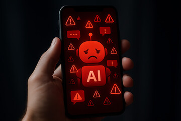 Mobile warning notification with artificial intelligence error alert on screen showing chatbot failure and red caution symbol for AI system malfunction or digital glitch