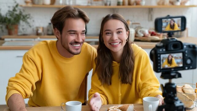Cozy Vloggers: A smiling couple records a vlog in their kitchen. showcasing their friendly demeanor and sharing their daily life experience with their audience.