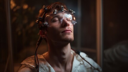 Person experiencing virtual reality in simulation chamber with neural connection