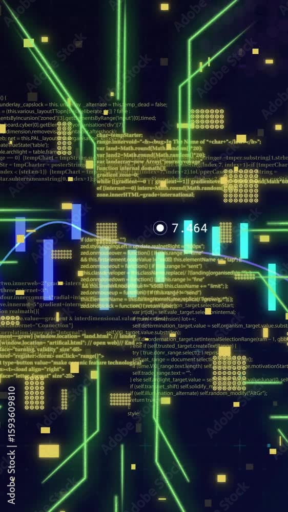 Poster programming code and financial graphs, data analysis animation over dark background