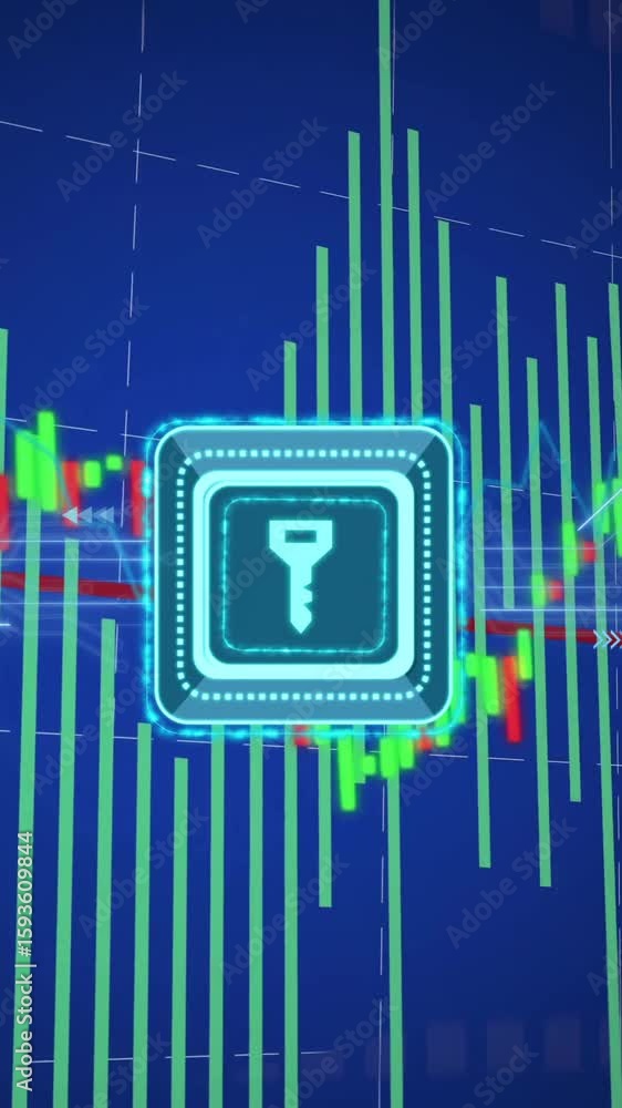 Poster key symbol over fluctuating stock market graph and data analysis animation