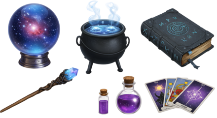 A mystical arrangement featuring a crystal ball, cauldron, spellbook, potion bottles, and tarot cards, evoking a magical atmosphere