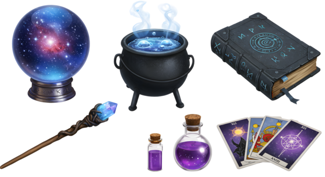 A mystical arrangement featuring a crystal ball, cauldron, spellbook, potion bottles, and tarot cards, evoking a magical atmosphere