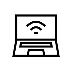 Laptop with Wi-Fi Signal Icon, black outline, clean style, wireless connection, internet access, digital communication, network, device, online, broadband, minimalist vector, editable, tech, connectiv