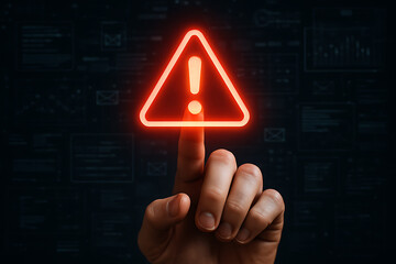 Red alert triangle icon glowing on digital screen showing warning symbol and finger touch for data error notification and technology danger in cybersecurity or system issue