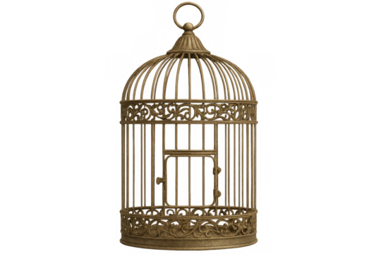Open empty ornate gold birdcage isolated on transparent background, representing freedom, captivity, or decoration
