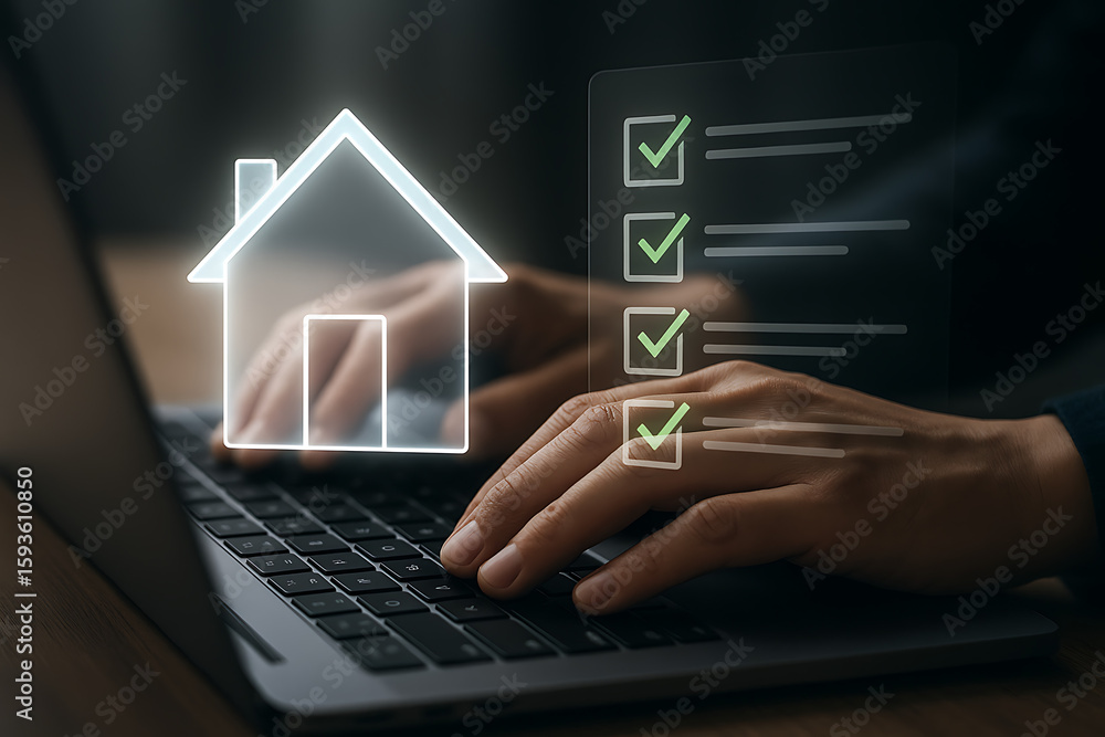 Poster real estate checklist and house icon shown on laptop for digital mortgage application task completio