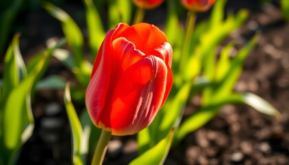 Close-up of red tulips in outdoor garden, soft blurred background, surrounded by green leaves and soil.