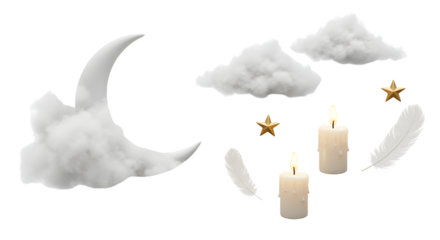 A serene night scene featuring a crescent moon, soft clouds, glowing candles, and decorative stars, evoking tranquility
