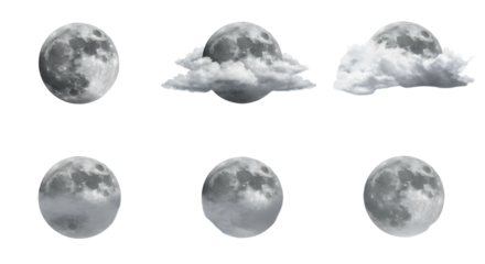 A series of moon phases showcasing the full moon partially obscured by clouds in a night sky setting