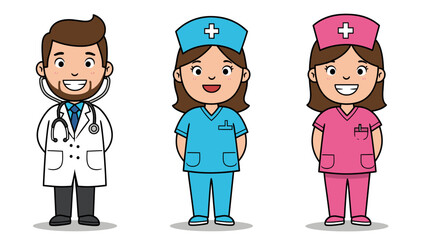 Naklejka premium Cartoon Doctor and Nurses: Healthcare Professionals Illustration