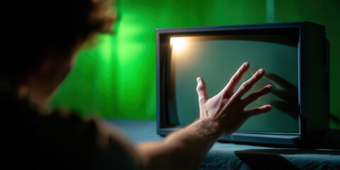 Man reaching hand toward old television screen with green background and soft light